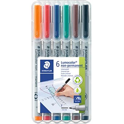 Staedtler Folienstift Lumocolor, non-permanent, wasserlöslich, F-Spitze mit Linienbreite ca. 0.6 mm, hohe Qualität, recyceltes Plastik, Set mit 6 Farben in -Box, 316 WP6 Staedtler Folienstift Lumocolor, non-permanent, wasserlöslich, F-Spitze mit Linienbreite ca. 0.6 mm, hohe Qualität, recyceltes Plastik, Set mit 6 Farben in -Box, 316 WP6