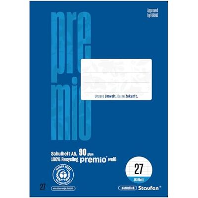 Staufen premio Schulheft 10 Hefte je 16 Blatt, DIN A5, Lineatur 27 (9mm liniert m. Randlinie), 90 g/m² Recyclingpapier, runde Ecken verhindern „Eselsohren“ Staufen premio Schulheft 10 Hefte je 16 Blatt, DIN A5, Lineatur 27 (9mm liniert m. Randlinie), 90 g/m² Recyclingpapier, runde Ecken verhindern „Eselsohren“