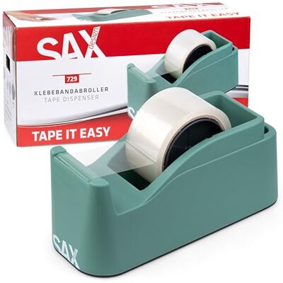 Sax Tape it Easy XXL Einhand Klebeband Abroller extra Schwer für 1x 50mm Band oder 2x 25mm Band, Paketbandabroller mit Stiftehalter Funktion, rutschfest, inkl. doppelseitige Klinge, Salbeigrün Sax Tape it Easy XXL Einhand Klebeband Abroller extra Schwer für 1x 50mm Band oder 2x 25mm Band, Paketbandabroller mit Stiftehalter Funktion, rutschfest, inkl. doppelseitige Klinge, Salbeigrün