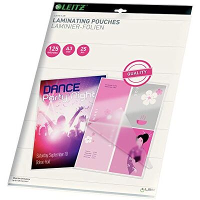 Leitz Heißlaminierfolien A3 125 mic, Hochwertige Laminierfolien im 100er Pack, mit abgerundeten Ecken, transparent, glänzend, ideal für Plakate und Zeichnungen, 33950 Leitz Heißlaminierfolien A3 125 mic, Hochwertige Laminierfolien im 100er Pack, mit abgerundeten Ecken, transparent, glänzend, ideal für Plakate und Zeichnungen, 33950