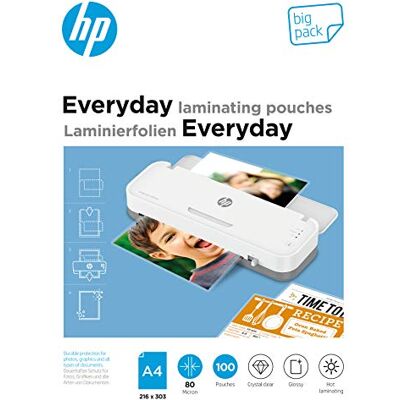 HP Everyday Laminierfolien, DIN A4, 80 Micron, glänzend, transparent, zum Heißlaminieren, 100 Stück, 9154 HP Everyday Laminierfolien, DIN A4, 80 Micron, glänzend, transparent, zum Heißlaminieren, 100 Stück, 9154