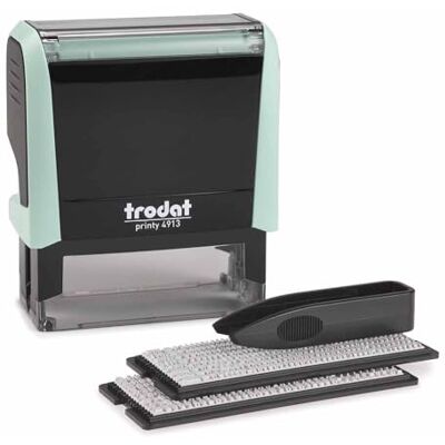 Trodat Printy 4913 Typomatic, Textstempel zum Selbersetzen pastellgrün Abdruck 57x21 mm, Abdruck schwarz, selbstfärbend, dokumentenecht, inkl. 2 Zeichensets in 3 und 4 mm Schrifthöhe und Pinzette Trodat Printy 4913 Typomatic, Textstempel zum Selbersetzen pastellgrün Abdruck 57x21 mm, Abdruck schwarz, selbstfärbend, dokumentenecht, inkl. 2 Zeichensets in 3 und 4 mm Schrifthöhe und Pinzette