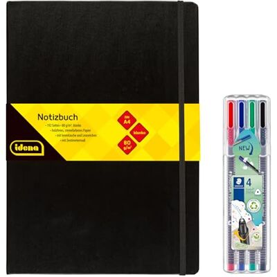 Idena 90337 Notizbuch DIN A4 mit 192 Seiten, blanko, inkl. 4 STAEDTLER Triplus Fineliner mit superfeiner, metallgefasster Spitze, 0.3 mm Idena 90337 Notizbuch DIN A4 mit 192 Seiten, blanko, inkl. 4 STAEDTLER Triplus Fineliner mit superfeiner, metallgefasster Spitze, 0.3 mm