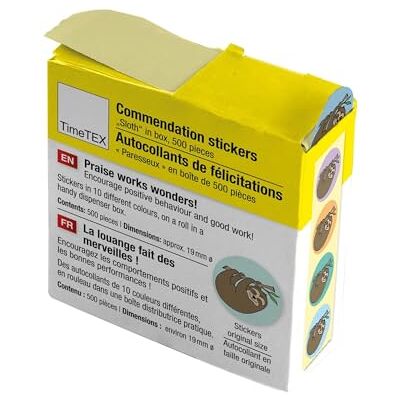 TimeTEX Belobigungs-Aufkleber "Faultier" Lehrersticker für motivierendes Feedback 500 Sticker in praktischer Spender-Box 1 Motiv mit verschiedenfarbigen Hintergründen 19 mm ø TimeTEX Belobigungs-Aufkleber "Faultier" Lehrersticker für motivierendes Feedback 500 Sticker in praktischer Spender-Box 1 Motiv mit verschiedenfarbigen Hintergründen 19 mm ø