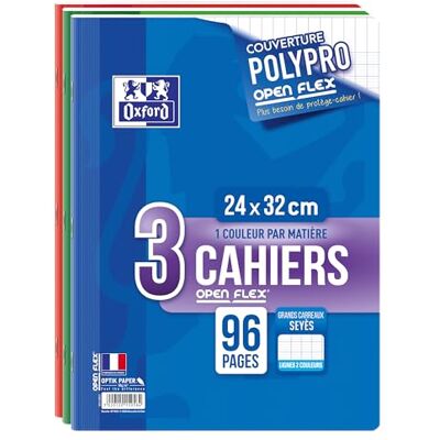 Oxford OpenFlex 3 Hefte 24 x 32 cm, große Seyes-Karos, 96 Seiten, Umschlag aus Polypropylen, 90 g Oxford OpenFlex 3 Hefte 24 x 32 cm, große Seyes-Karos, 96 Seiten, Umschlag aus Polypropylen, 90 g