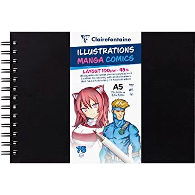 Clairefontaine 975945C Spiralgebundene Skizzenbuch mit schwarzem Einband, ideal für Manga und Comics Illustrations DIN A5, 14,8x21cm, 75 Blatt, 100g, Weiß, 1 Stück Clairefontaine 975945C Spiralgebundene Skizzenbuch mit schwarzem Einband, ideal für Manga und Comics Illustrations DIN A5, 14,8x21cm, 75 Blatt, 100g, Weiß, 1 Stück