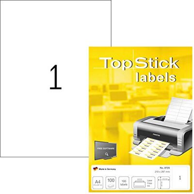 TopStick 8720 Universal Etiketten, 1000 Blatt, 210 x 297 mm, 1 pro A4 Bogen, 1000 Stück, selbstklebend, bedruckbar, matt, blanko Papier Klebeetiketten Aufkleber, weiß TopStick 8720 Universal Etiketten, 1000 Blatt, 210 x 297 mm, 1 pro A4 Bogen, 1000 Stück, selbstklebend, bedruckbar, matt, blanko Papier Klebeetiketten Aufkleber, weiß