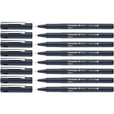 Schneider Pictus Fineliner (8 verschiedene Strichstärken: 0,05 0,9 mm, dokumentenechte Pigmetliner, metallgefasste Spitze, Gehäuse aus 85% recyceltem Kunststoff) schwarz, 8er Etui Schneider Pictus Fineliner (8 verschiedene Strichstärken: 0,05 0,9 mm, dokumentenechte Pigmetliner, metallgefasste Spitze, Gehäuse aus 85% recyceltem Kunststoff) schwarz, 8er Etui