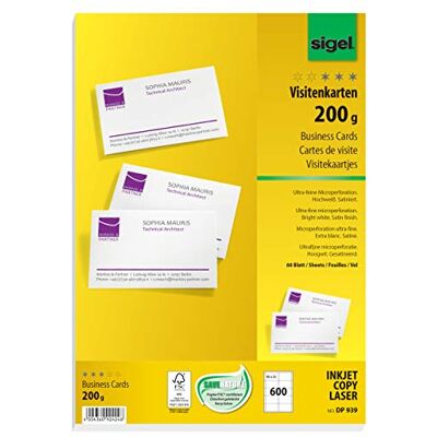 Sigel Visitenkarten beidseitig bedruckbar hochweiß 600 Stk DP939, 85x55 mm, satiniert, 200 g Papier, 60 Blatt aus nachhaltiger Papierqualität Sigel Visitenkarten beidseitig bedruckbar hochweiß 600 Stk DP939, 85x55 mm, satiniert, 200 g Papier, 60 Blatt aus nachhaltiger Papierqualität