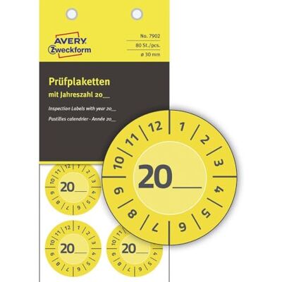 Avery 80 Stück Prüfplaketten 20xx (mit Jahreszahl zum selber eintragen, widerstandsfähig, stark selbstklebend, Ø30 mm, Prüfaufkleber, beschriftbare Prüfsiegel aus Vinyl-Klebefolie) 7902 gelb Avery 80 Stück Prüfplaketten 20xx (mit Jahreszahl zum selber eintragen, widerstandsfähig, stark selbstklebend, Ø30 mm, Prüfaufkleber, beschriftbare Prüfsiegel aus Vinyl-Klebefolie) 7902 gelb