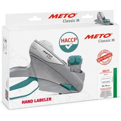 Meto HACCP Handauszeichner (für 26x16mm Etiketten, 14 vordefinierte Texte, 2 zeilig, 20-stellig, Classic M Preisauszeichner, silber-teal) Meto HACCP Handauszeichner (für 26x16mm Etiketten, 14 vordefinierte Texte, 2 zeilig, 20-stellig, Classic M Preisauszeichner, silber-teal)
