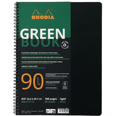 Rhodia 119914C ctive Greenbook Spiralheft, liniert, DIN A4+ 22,5x29,7cm, 80 Blatt mikroperforiert, 4-fach gelocht, 100% Recycling Papier, 90, Schwarz, 1 Stück Rhodia 119914C ctive Greenbook Spiralheft, liniert, DIN A4+ 22,5x29,7cm, 80 Blatt mikroperforiert, 4-fach gelocht, 100% Recycling Papier, 90, Schwarz, 1 Stück