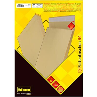 Idena 12154 Versandtaschen DIN B4, 25 Stück haftklebend, Faltentaschen mit 4 cm Bodenfalte, Briefumschläge ohne Fenster, aus 150 g/m² FSC-Recycled Papier in Braun Idena 12154 Versandtaschen DIN B4, 25 Stück haftklebend, Faltentaschen mit 4 cm Bodenfalte, Briefumschläge ohne Fenster, aus 150 g/m² FSC-Recycled Papier in Braun