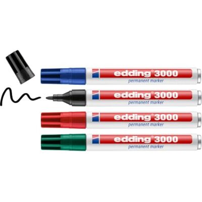 edding 3000 Permanentmarker schwarz, rot, blau, grün 4 Stifte Rundspitze 1,5-3 mm schnell trocknend, wasserfest, wischfest für Karton, Kunststoff, Holz, Metall Universalmarker edding 3000 Permanentmarker schwarz, rot, blau, grün 4 Stifte Rundspitze 1,5-3 mm schnell trocknend, wasserfest, wischfest für Karton, Kunststoff, Holz, Metall Universalmarker