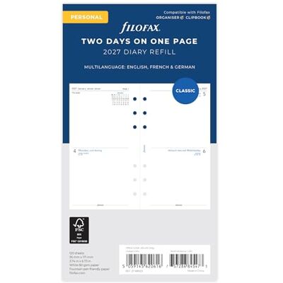 Filofax Terminplaner 27-68423, 2 Tage pro Seite, 3-sprachig, 2027 Filofax Terminplaner 27-68423, 2 Tage pro Seite, 3-sprachig, 2027