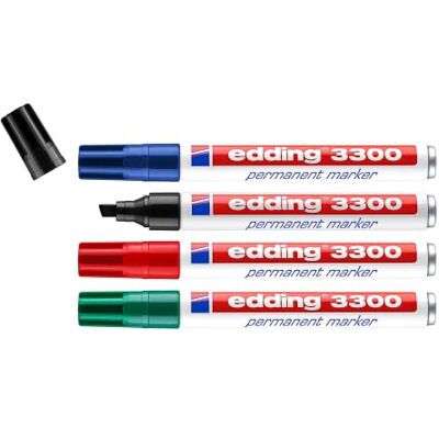 edding 3300 Permanentmarker schwarz, rot, blau, grün 4 Stifte Keil-Spitze 1-5 mm schnell trocknender Permanent Marker wasserfest, wischfest für Karton, Kunststoff, Holz, Metall edding 3300 Permanentmarker schwarz, rot, blau, grün 4 Stifte Keil-Spitze 1-5 mm schnell trocknender Permanent Marker wasserfest, wischfest für Karton, Kunststoff, Holz, Metall