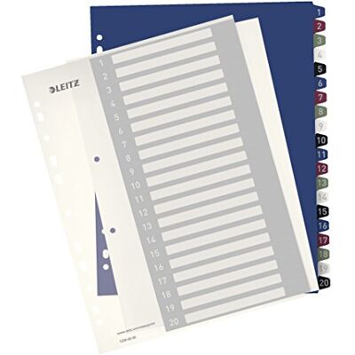 Leitz Register für A4, PC-beschriftbares Deckblatt und 20 Trennblätter, Taben mit Zahlenaufdruck 1-20, Überbreite, Weiß/Mehrfarbig, PP, Style, 12390000 Leitz Register für A4, PC-beschriftbares Deckblatt und 20 Trennblätter, Taben mit Zahlenaufdruck 1-20, Überbreite, Weiß/Mehrfarbig, PP, Style, 12390000