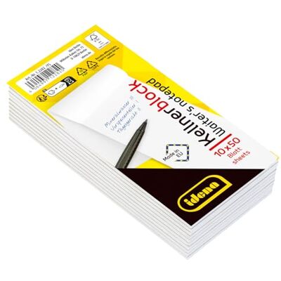 Idena 12282 Kellnerblöcke 10 Stück mit je 50 Blatt, Notizblock im Format 7 x 15 cm, 70g/m² Papier blanko und kopfgeleimt Idena 12282 Kellnerblöcke 10 Stück mit je 50 Blatt, Notizblock im Format 7 x 15 cm, 70g/m² Papier blanko und kopfgeleimt