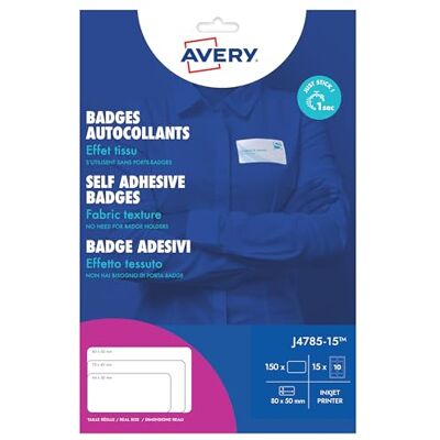 Avery Selbstklebendes Badge aus Textil – 240 Badge, selbstklebend, Seide, Acetat, weiß, 40 x 75 mm, Laserdruck, selbstklebende Etiketten, personalisierbar, Kleidung – Abzeichen Avery Selbstklebendes Badge aus Textil – 240 Badge, selbstklebend, Seide, Acetat, weiß, 40 x 75 mm, Laserdruck, selbstklebende Etiketten, personalisierbar, Kleidung – Abzeichen