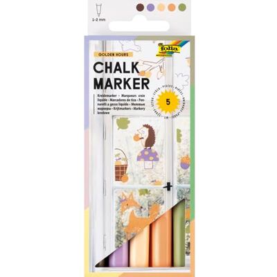 folia 390579 Chalk Marker GOLDEN HOURS, 5 Stück in 5 thematischen Pastellfarben, Kreidemarker auf Wasserbasis, Strichstärke 1-2 mm, feucht abwischbar, geeignet für Glas, Fliesen und Spiegel folia 390579 Chalk Marker GOLDEN HOURS, 5 Stück in 5 thematischen Pastellfarben, Kreidemarker auf Wasserbasis, Strichstärke 1-2 mm, feucht abwischbar, geeignet für Glas, Fliesen und Spiegel