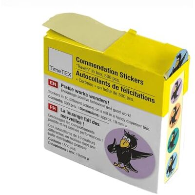 TimeTEX Belobigungs-Aufkleber "Rabe" Lehrersticker für motivierendes Feedback 500 Sticker in praktischer Spender-Box 1 Motiv mit verschiedenfarbigen Hintergründen 19 mm ø TimeTEX Belobigungs-Aufkleber "Rabe" Lehrersticker für motivierendes Feedback 500 Sticker in praktischer Spender-Box 1 Motiv mit verschiedenfarbigen Hintergründen 19 mm ø