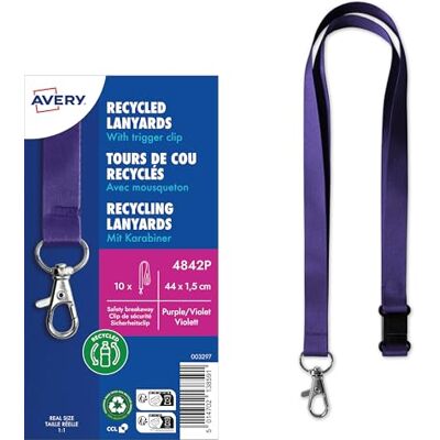Avery 4842P Lanyard 10 Stück (44x1,5cm, Kartenhalter mit Karabinerhaken-Sicherheitsverschluss, Schlüsselband für Ausweishülle, Kartenhülle, Namenschilder, Umhängeband, Nackenband) lila Avery 4842P Lanyard 10 Stück (44x1,5cm, Kartenhalter mit Karabinerhaken-Sicherheitsverschluss, Schlüsselband für Ausweishülle, Kartenhülle, Namenschilder, Umhängeband, Nackenband) lila