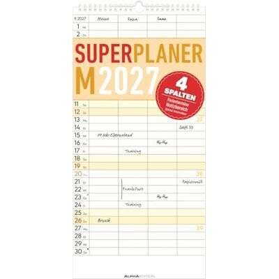 Alpha Superplaner M 4 Spalten 2027: Familienkalender 22x45 cm mit 4 Spalten, Schulferien, Feiertagen & Notizfeld, ideal für Familienorganisation Alpha Superplaner M 4 Spalten 2027: Familienkalender 22x45 cm mit 4 Spalten, Schulferien, Feiertagen & Notizfeld, ideal für Familienorganisation