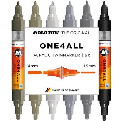 Molotow One4All Acrylic Twin Marker Grey Set (1,5 und 4,0 mm Strichstärke, hochdeckend und permanent, schnell trocknend, nachfüllbar, für fast alle Untergründe) 6 Stück sortiert Molotow One4All Acrylic Twin Marker Grey Set (1,5 und 4,0 mm Strichstärke, hochdeckend und permanent, schnell trocknend, nachfüllbar, für fast alle Untergründe) 6 Stück sortiert