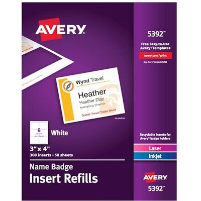 Avery Namensschild-Einsätze, 7,6 x 10,2 cm, drucken oder schreiben, Laser/Tintenstrahl, 300 Einsätze pro Packung, 5 Stück, insgesamt 1.500 Ausweiseinlagen (5392) Avery Namensschild-Einsätze, 7,6 x 10,2 cm, drucken oder schreiben, Laser/Tintenstrahl, 300 Einsätze pro Packung, 5 Stück, insgesamt 1.500 Ausweiseinlagen (5392)