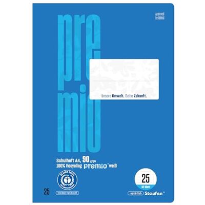 Staufen premio Schulheft 2 Hefte je 32 Blatt, DIN A4, Lineatur 25 (liniert mit Rand), 90 g/m² Recyclingpapier, runde Ecken verhindern „Eselsohren“ Staufen premio Schulheft 2 Hefte je 32 Blatt, DIN A4, Lineatur 25 (liniert mit Rand), 90 g/m² Recyclingpapier, runde Ecken verhindern „Eselsohren“