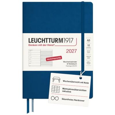 LEUCHTTURM1917 Wochenkalender 2027 Medium (A5) mit Notizbuch Terminplaner Deutsch, Indigo, Januar-Dezember 2027, Wochenübersicht links + Notizseite rechts LEUCHTTURM1917 Wochenkalender 2027 Medium (A5) mit Notizbuch Terminplaner Deutsch, Indigo, Januar-Dezember 2027, Wochenübersicht links + Notizseite rechts