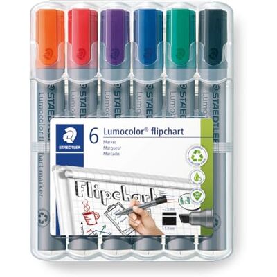 Staedtler Flipchart Marker Lumocolor, Keilspitze ca. 2,0 5,0 mm Linienbreite, lange Lebensdauer, nachfüllbar, geruchsarm, hohe Qualität Made in Germany, Set mit 6 Farben, 356 B WP6, 1 Stück Staedtler Flipchart Marker Lumocolor, Keilspitze ca. 2,0 5,0 mm Linienbreite, lange Lebensdauer, nachfüllbar, geruchsarm, hohe Qualität Made in Germany, Set mit 6 Farben, 356 B WP6, 1 Stück