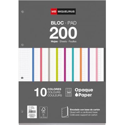 Miquelrius A4 Nachfüllblätter 200 Blatt kariert 5x5 mm, Papier 70 g/m², Seitlich geleimter Block, Gelocht für Ordner, 10 Farben, Schulbedarf Miquelrius A4 Nachfüllblätter 200 Blatt kariert 5x5 mm, Papier 70 g/m², Seitlich geleimter Block, Gelocht für Ordner, 10 Farben, Schulbedarf