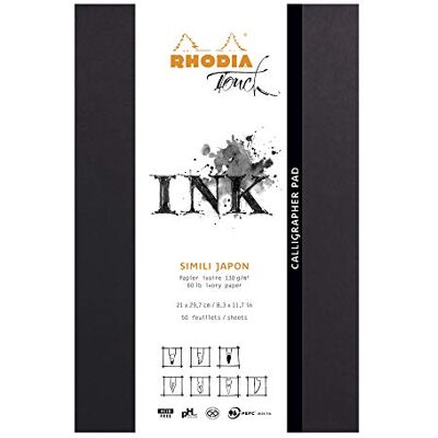 Rhodia 116123C Notizblock Calligrapher Pad, kopfseitig verleimt, DIN A4 (21x29,7 cm), 50 Blatt mikroperforiert, blanko, Clairefontaine Papier Simili Japon Elfenbein 130g, Schwarz, 1 Stück Rhodia 116123C Notizblock Calligrapher Pad, kopfseitig verleimt, DIN A4 (21x29,7 cm), 50 Blatt mikroperforiert, blanko, Clairefontaine Papier Simili Japon Elfenbein 130g, Schwarz, 1 Stück