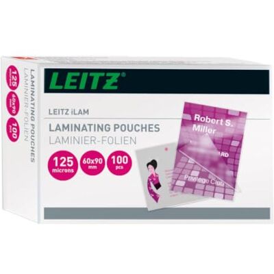 Leitz Heißlaminierfolien 125 mic 60 x 90 mm, Laminieren von Visitenkarten, Hochwertige Laminierfolien im 100er Pack, Glänzend, Transparent, 73690002 Leitz Heißlaminierfolien 125 mic 60 x 90 mm, Laminieren von Visitenkarten, Hochwertige Laminierfolien im 100er Pack, Glänzend, Transparent, 73690002