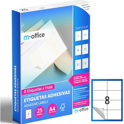 m-office Klebeetiketten zum Beschriften – Selbstklebende Etiketten zum Bedrucken, spülmaschinenfest, ideal für Haushalt und Gewerbe (8 Etiketten pro Blatt, 25 Blatt) m-office Klebeetiketten zum Beschriften – Selbstklebende Etiketten zum Bedrucken, spülmaschinenfest, ideal für Haushalt und Gewerbe (8 Etiketten pro Blatt, 25 Blatt)