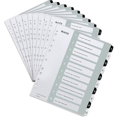 Leitz Register für A4, 10er Pack, PC-beschriftbares Deckblatt und 10 Trennblätter, Taben mit Zahlenaufdruck 1-10, Überbreite, Weiß/Schwarz, Polypropylen, WOW, 12150000 Leitz Register für A4, 10er Pack, PC-beschriftbares Deckblatt und 10 Trennblätter, Taben mit Zahlenaufdruck 1-10, Überbreite, Weiß/Schwarz, Polypropylen, WOW, 12150000