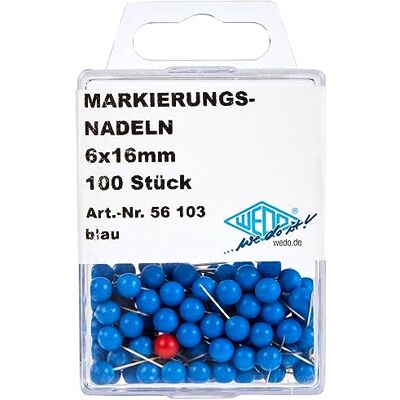 WEDO 56103 Markierungsnadeln Rundkopfnadeln, Nadellänge 16 mm, Kopfdurchmesser 6 mm, 100 Stück, Blau WEDO 56103 Markierungsnadeln Rundkopfnadeln, Nadellänge 16 mm, Kopfdurchmesser 6 mm, 100 Stück, Blau