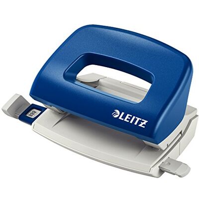Leitz Mini Büro Locher aus Metall, kleiner Locher für 10 Blatt, Blau Anschlagschiene mit Formatangaben, Ergonomisches Design, 50580035 Leitz Mini Büro Locher aus Metall, kleiner Locher für 10 Blatt, Blau Anschlagschiene mit Formatangaben, Ergonomisches Design, 50580035