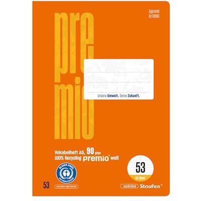 Staufen Premio Vokabelheft 5 Hefte à 32 Blatt, DIN A5, mit Mittellinie Lineatur 53, 100% Recyclingpapier, zertifiziert mit dem Blauen Engel, abgerundete Ecken, 90 g/m² Papier Staufen Premio Vokabelheft 5 Hefte à 32 Blatt, DIN A5, mit Mittellinie Lineatur 53, 100% Recyclingpapier, zertifiziert mit dem Blauen Engel, abgerundete Ecken, 90 g/m² Papier