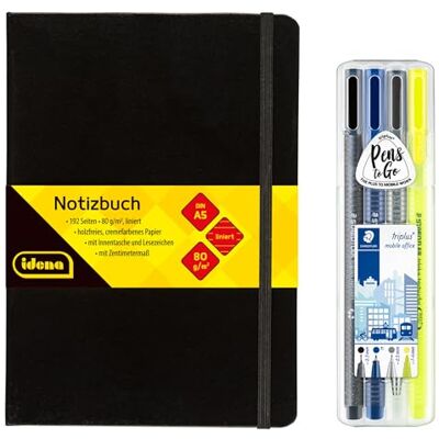Idena 90333 Notizbuch DIN A5 mit 192 Seiten, liniert, inkl. STAEDTLER Triplus Mobile Office Set mit Fineliner, Kugelschreiber, Druckbleistift und Textmarker Idena 90333 Notizbuch DIN A5 mit 192 Seiten, liniert, inkl. STAEDTLER Triplus Mobile Office Set mit Fineliner, Kugelschreiber, Druckbleistift und Textmarker
