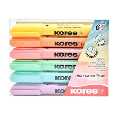 Kores High Liner Plus: Pastellfarbene Textmarker Stifte, Keilspitze und wasserbasierte Tinte, Schul- und Bürobedarf, Set von 6 Sortierten Farben Kores High Liner Plus: Pastellfarbene Textmarker Stifte, Keilspitze und wasserbasierte Tinte, Schul- und Bürobedarf, Set von 6 Sortierten Farben