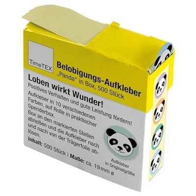 TimeTEX Belobigungs-Aufkleber "Panda" Lehrersticker für motivierendes Feedback 500 Sticker in praktischer Spender-Box 1 Motiv mit verschiedenfarbigen Hintergründen 19 mm ø TimeTEX Belobigungs-Aufkleber "Panda" Lehrersticker für motivierendes Feedback 500 Sticker in praktischer Spender-Box 1 Motiv mit verschiedenfarbigen Hintergründen 19 mm ø