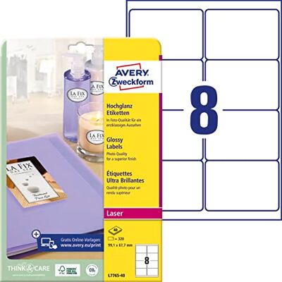 Avery L7765-40 Hochglanz-Etiketten (320 Glossy Aufkleber, 99,1x67,7mm auf A4, selbstklebend, bedruckbar, hochglänzendes Papier zur Produktkennzeichnung, für Laser-Drucker) 40 Blatt, weiß Avery L7765-40 Hochglanz-Etiketten (320 Glossy Aufkleber, 99,1x67,7mm auf A4, selbstklebend, bedruckbar, hochglänzendes Papier zur Produktkennzeichnung, für Laser-Drucker) 40 Blatt, weiß