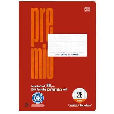 Staufen premio Schulheft 10 Hefte je 16 Blatt, DIN A5, Lineatur 28 (5mm kariert m. Randlinie), 90 g/m² Recyclingpapier, runde Ecken verhindern „Eselsohren“ Staufen premio Schulheft 10 Hefte je 16 Blatt, DIN A5, Lineatur 28 (5mm kariert m. Randlinie), 90 g/m² Recyclingpapier, runde Ecken verhindern „Eselsohren“