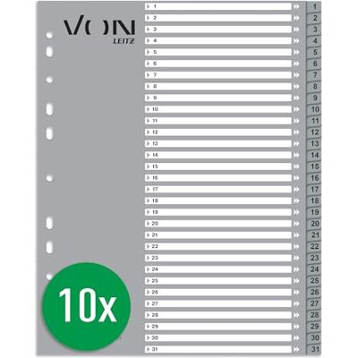 Leitz VON 10er Pack Zahlen-Register A4, 1-31 nummerirte Trennblätter für Ordner, PP, Extra breit, 11-Loch-Universalregister für Schnellhefter & Ringbücher, Grau, 12770085 Leitz VON 10er Pack Zahlen-Register A4, 1-31 nummerirte Trennblätter für Ordner, PP, Extra breit, 11-Loch-Universalregister für Schnellhefter & Ringbücher, Grau, 12770085
