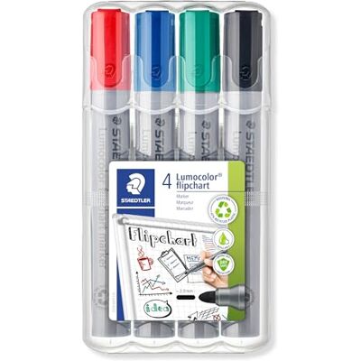 Staedtler Lumocolor 356 WP4 Flipchart-Marker, farbintensiv, geruchsarm, Rundspitze ca. 2 mm Linienbreite, hohe Qualität, ideal für Flipchart-Blöcke, Set mit 4 Farben, sortiert, 1 Stück Staedtler Lumocolor 356 WP4 Flipchart-Marker, farbintensiv, geruchsarm, Rundspitze ca. 2 mm Linienbreite, hohe Qualität, ideal für Flipchart-Blöcke, Set mit 4 Farben, sortiert, 1 Stück