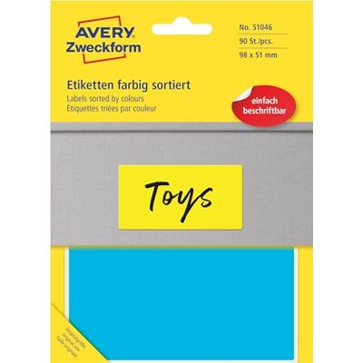 Avery Art. 51046 Bunte Etiketten, selbstklebend (90 farbige Aufkleber, 98x51mm, Klebeetiketten in 5 verschiedenen Farben, handbeschriftbare Umzugsaufkleber, permanent haftend) 30 Blatt Avery Art. 51046 Bunte Etiketten, selbstklebend (90 farbige Aufkleber, 98x51mm, Klebeetiketten in 5 verschiedenen Farben, handbeschriftbare Umzugsaufkleber, permanent haftend) 30 Blatt