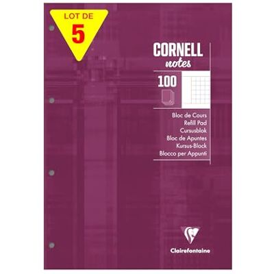 Clairefontaine 58196Cpack Packung 5 Schreibblock/Notizblock CORNELL, DIN A4, 21x29,7 cm, 100 Blatt kariert 90g, 4-fach gelocht, 5 Stück Clairefontaine 58196Cpack Packung 5 Schreibblock/Notizblock CORNELL, DIN A4, 21x29,7 cm, 100 Blatt kariert 90g, 4-fach gelocht, 5 Stück