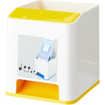 Leitz Sound Stifteköcher mit Soundverstärkungsfunktion, Stiftehalter inkl. Smartphone Fach mit Soundverstärkungsfunktion, Weiß/Gelb, Duo Colour, WOW, 53631016 Leitz Sound Stifteköcher mit Soundverstärkungsfunktion, Stiftehalter inkl. Smartphone Fach mit Soundverstärkungsfunktion, Weiß/Gelb, Duo Colour, WOW, 53631016